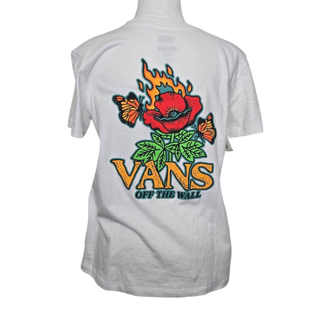 Vans Women's T-Shirt (S) | White Flame Rose Graphic | NEW